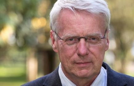 Älterer Mann mit Brille, Anzug und Kreuznadel vor Parkhintergrund